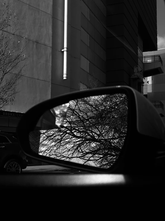 side view mirror sitting on top of a car near a building
