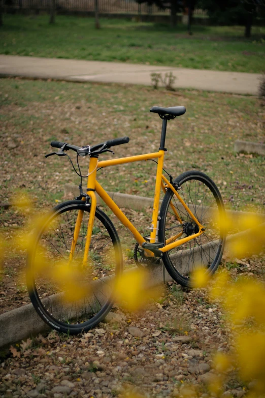 a yellow bicycle is in the middle of some weeds