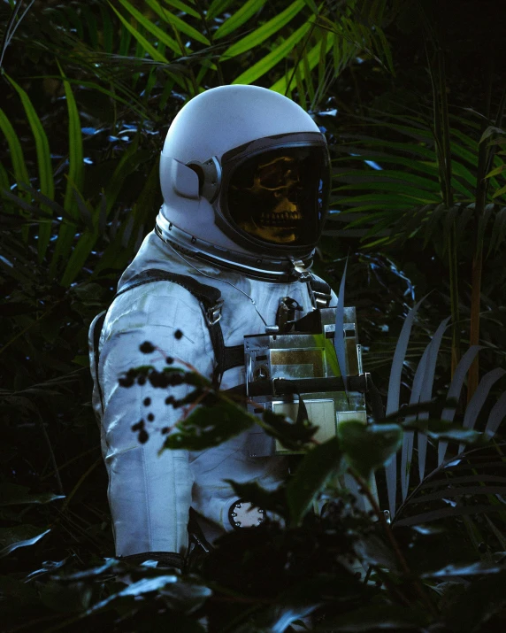 an astronaut in the forest is carrying several objects