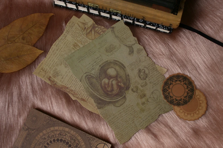 papers with a painting and book lying on a wooden table