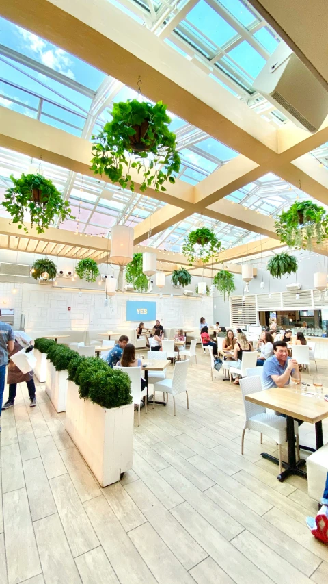 a restaurant filled with people sitting at tables