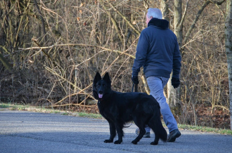 a man and his black dog walking down the street