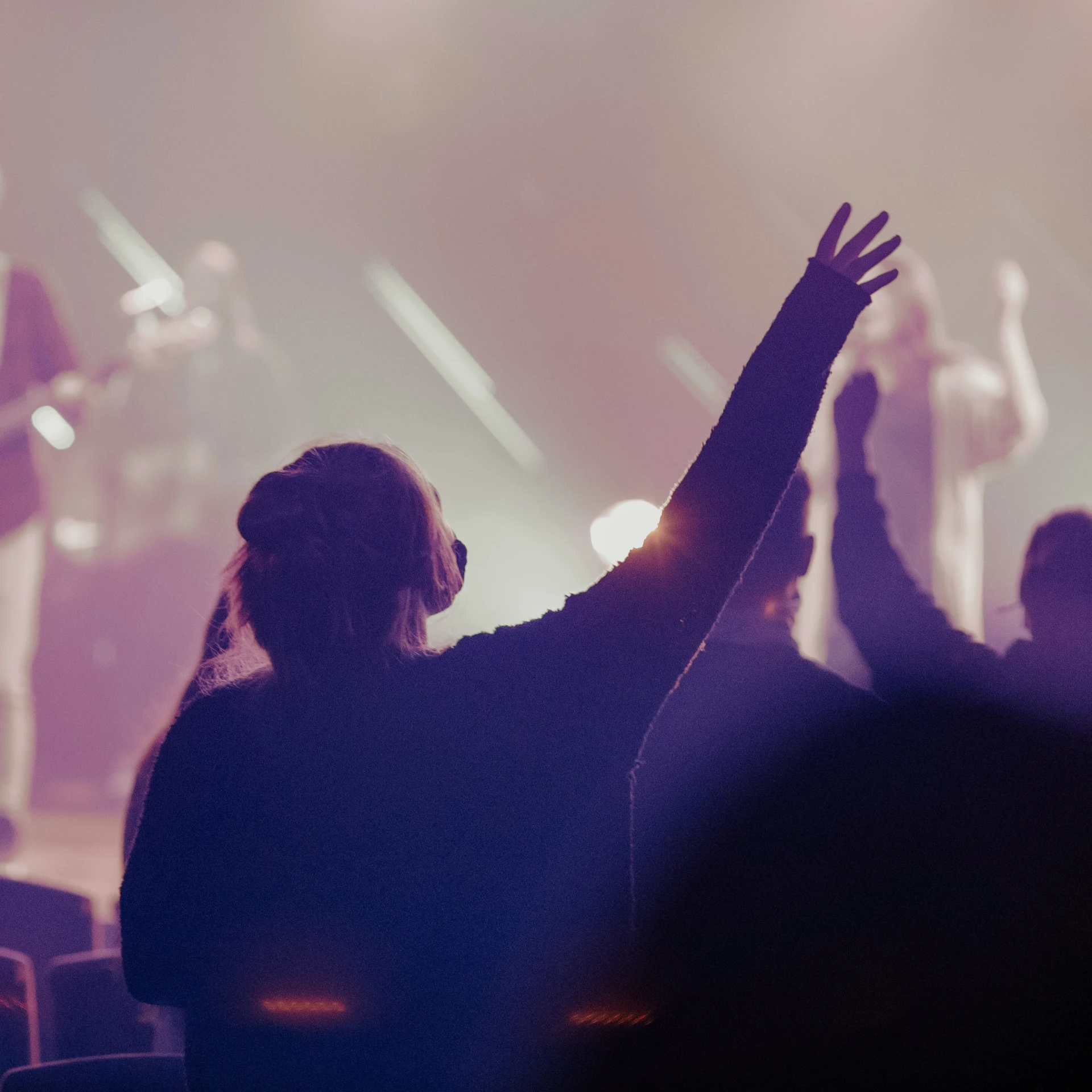 the people are standing at the concert and clapping