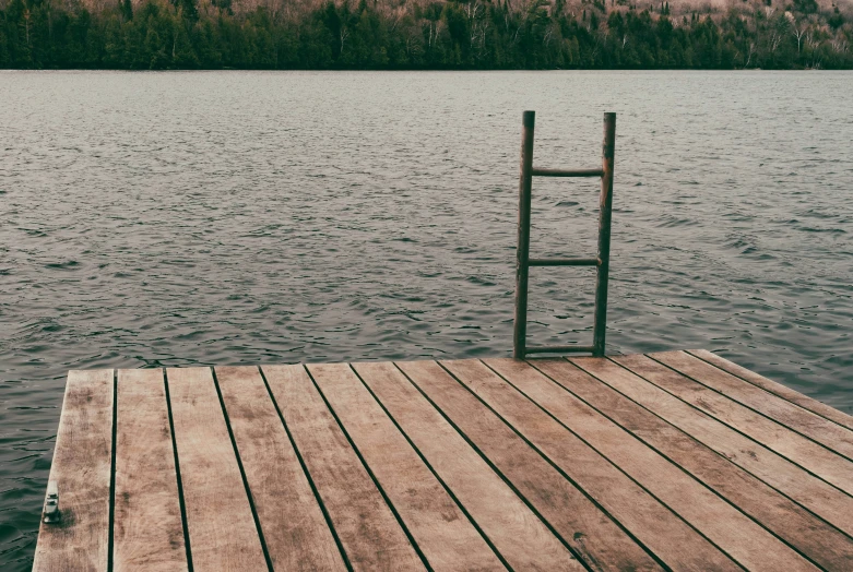 an old, rustic style dock with a ladder extending out over the water