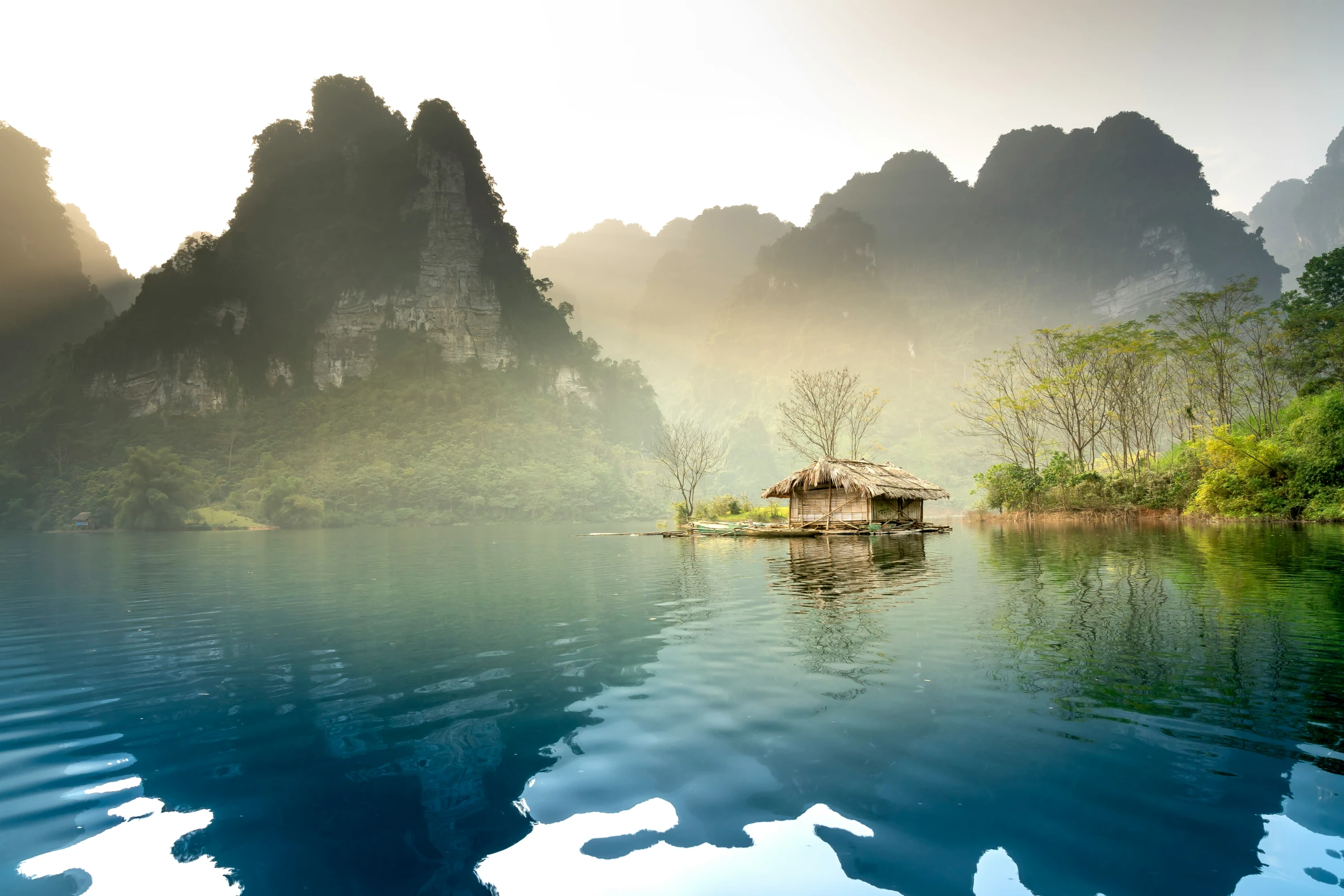 the house is on a small island in a lake