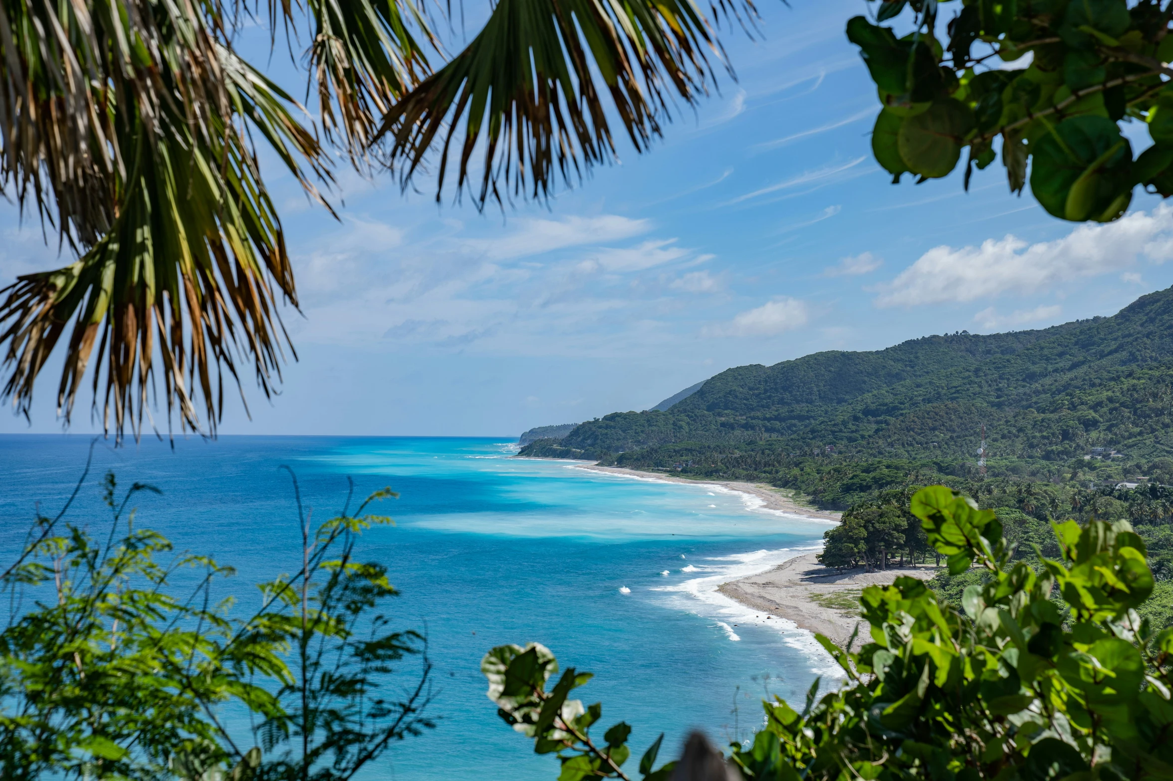 the beach and ocean is surrounded by jungles