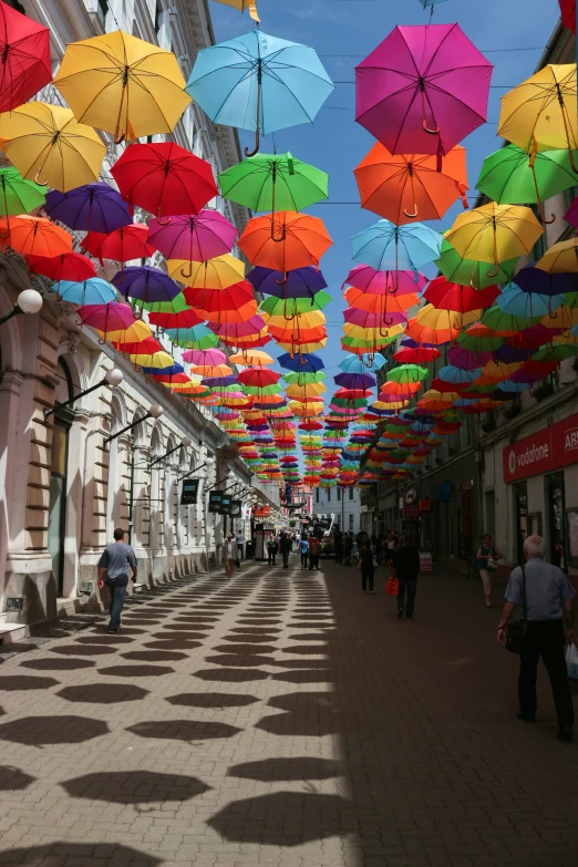 many umbrellas have been suspended from the ceiling