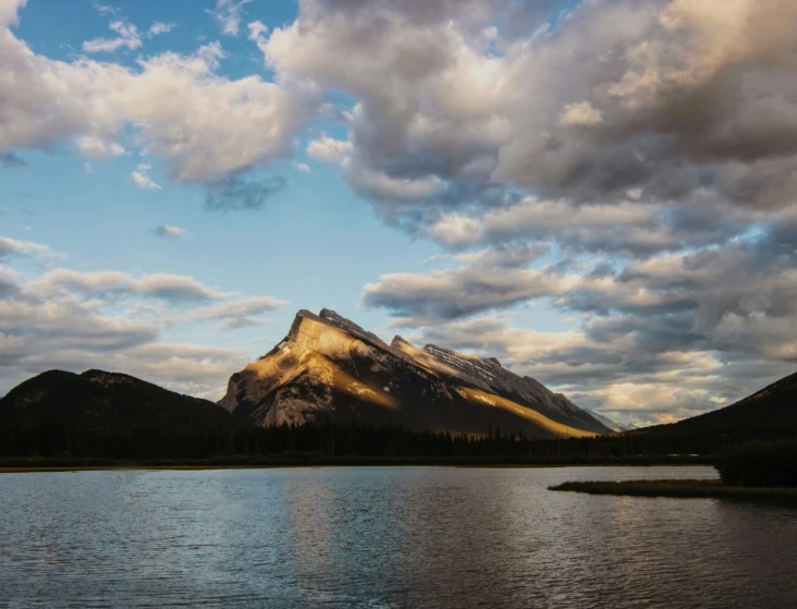 mountains surrounded by water under a cloudy sky