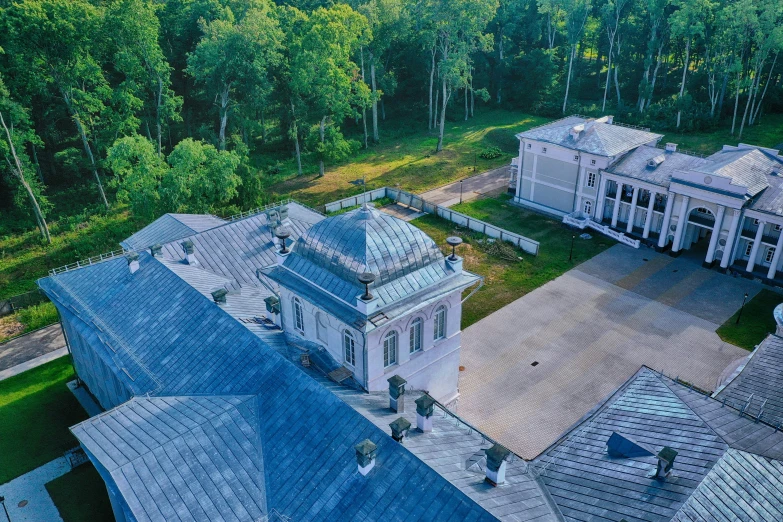 a bird - eye view of an old mansion in a wooded area