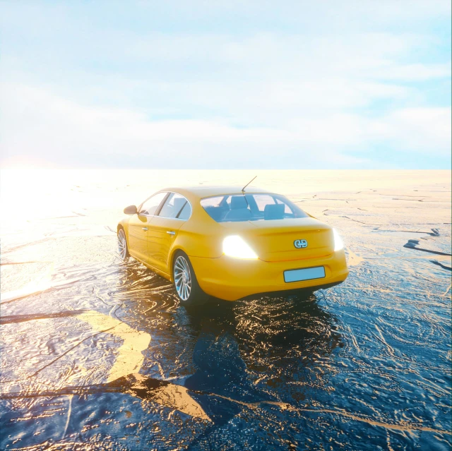 a yellow car is sitting in the middle of the water