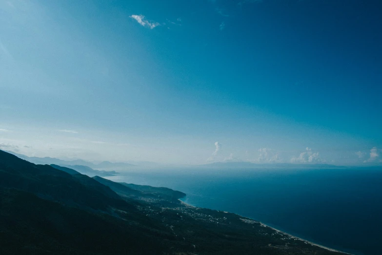 an over head view of mountains with a blue sky