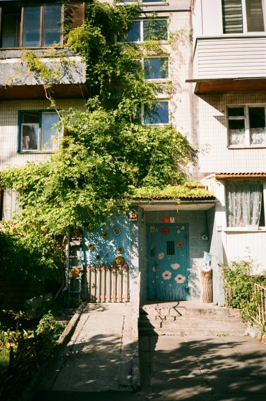 an old building with an elaborate door and a vine on the side