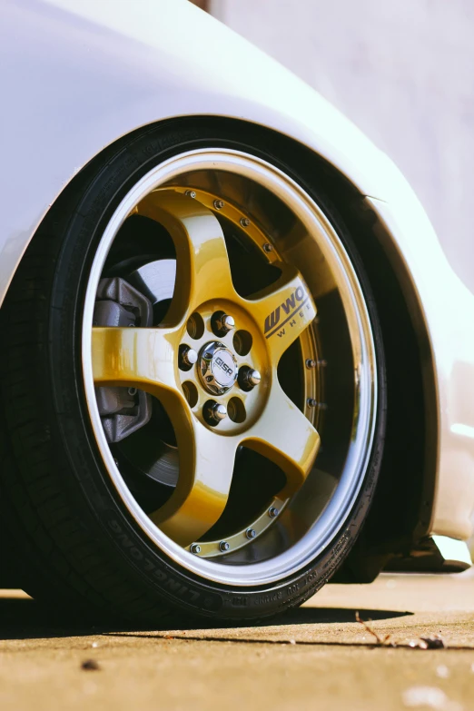 yellow wheels and rims on a white sports car