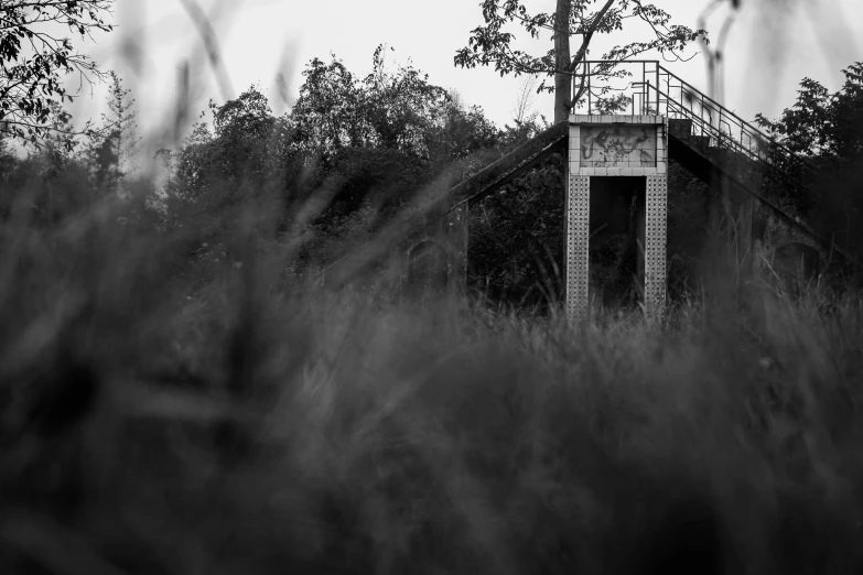 a tall tower in front of some trees