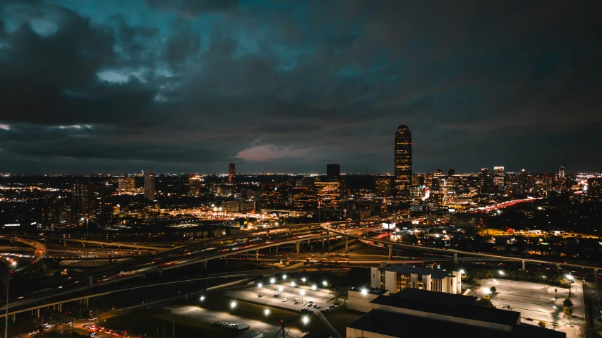 the night skyline is full of vehicles on it