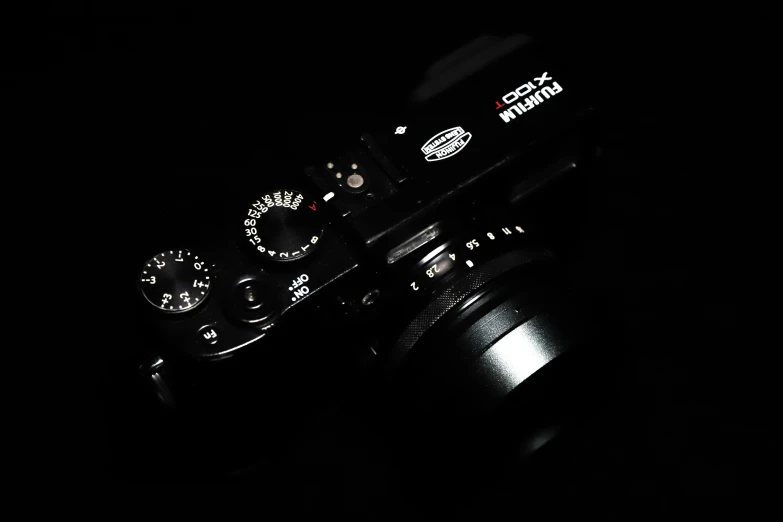 some dark colored camera with different focus settings