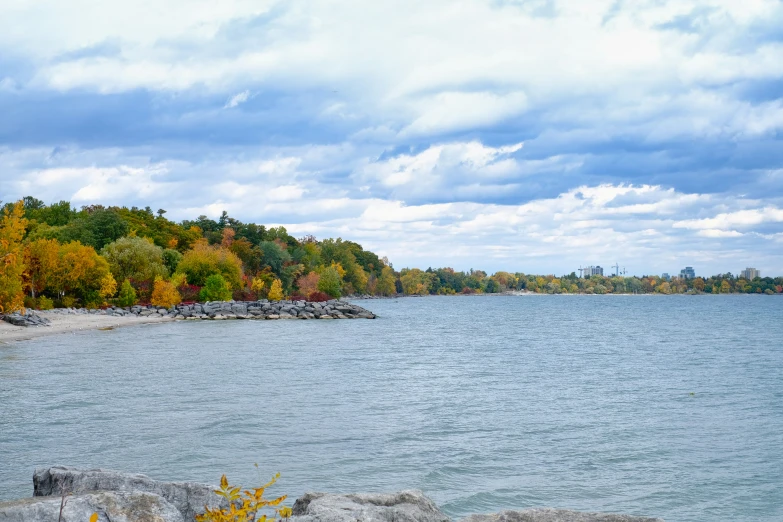 trees and rocks by the lake that looks to be in autumn