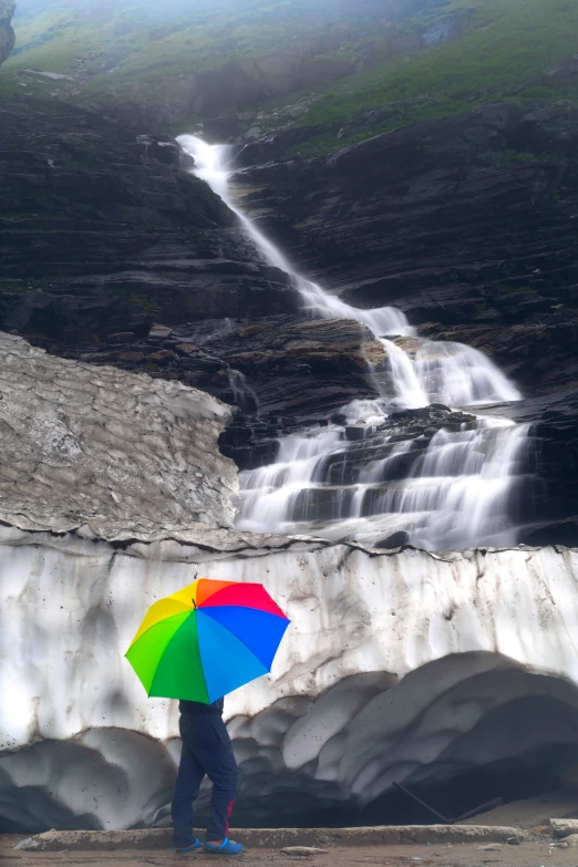 the person is standing near a waterfall with an umbrella