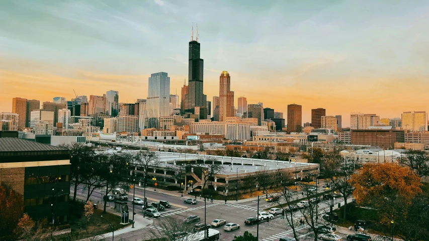 the view from a high rise building at sunset