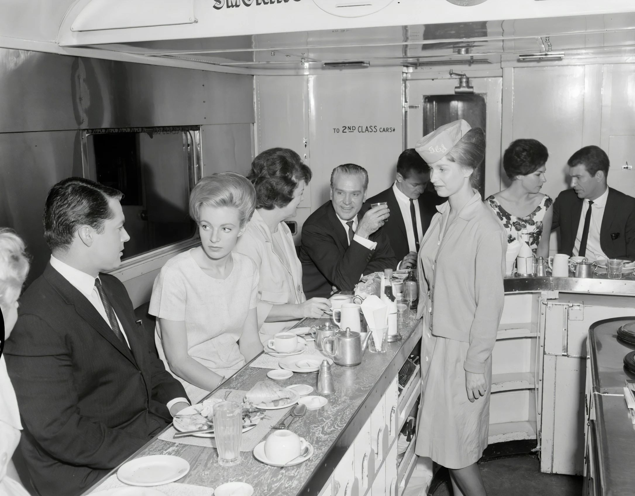 an old black and white po of people at a diner