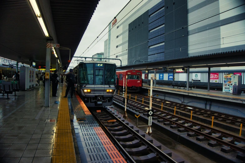 commuters at a train station with trains and people