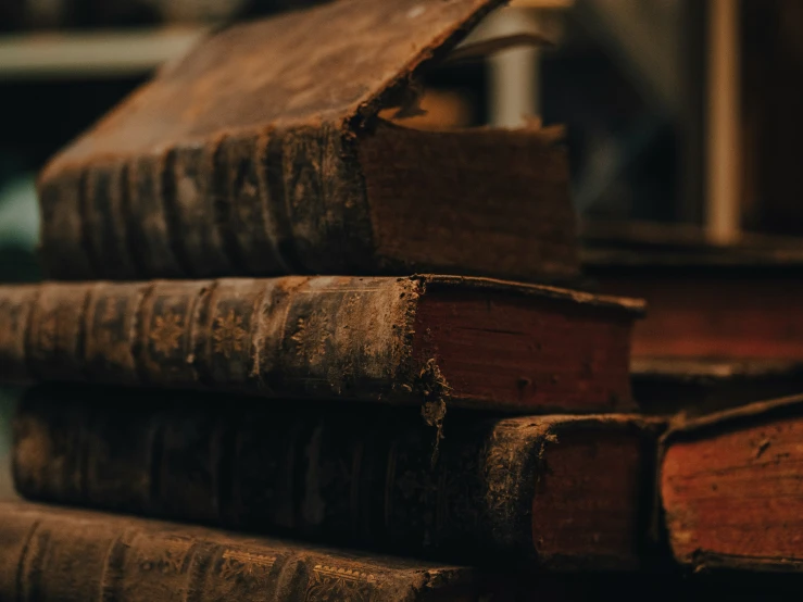 several brown books lined up and stacked up