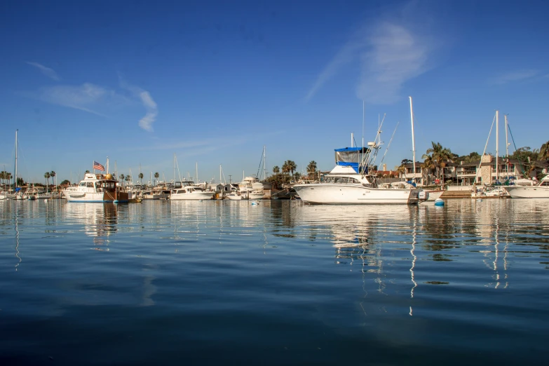 several boats are anchored at a harbor on a clear day