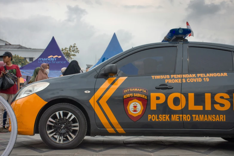 a police car that has a person standing near it