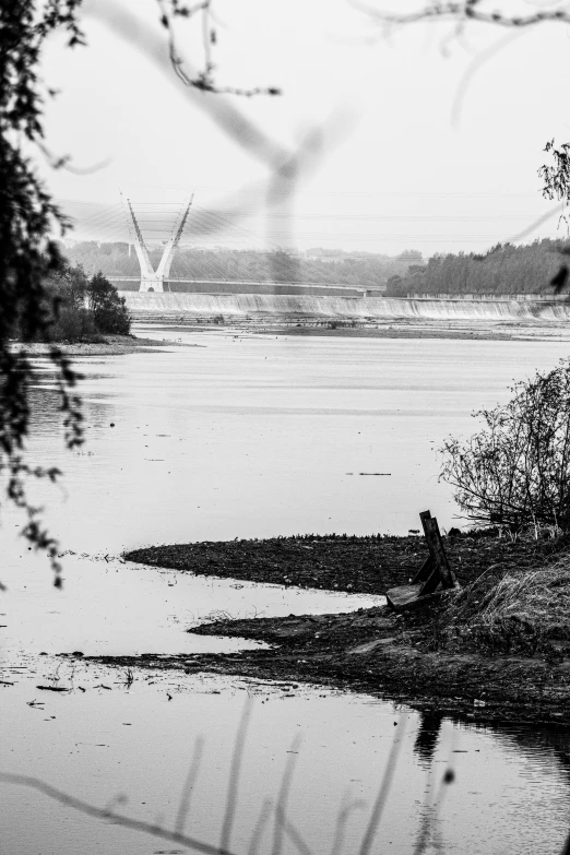 a person stands on the bank of a large river and looks out to the water