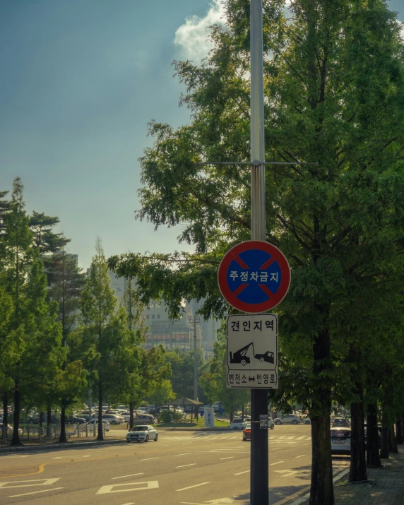 a street sign next to trees and bushes