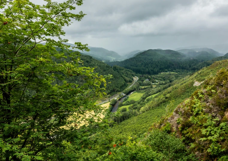 the view out into the valley of mountains