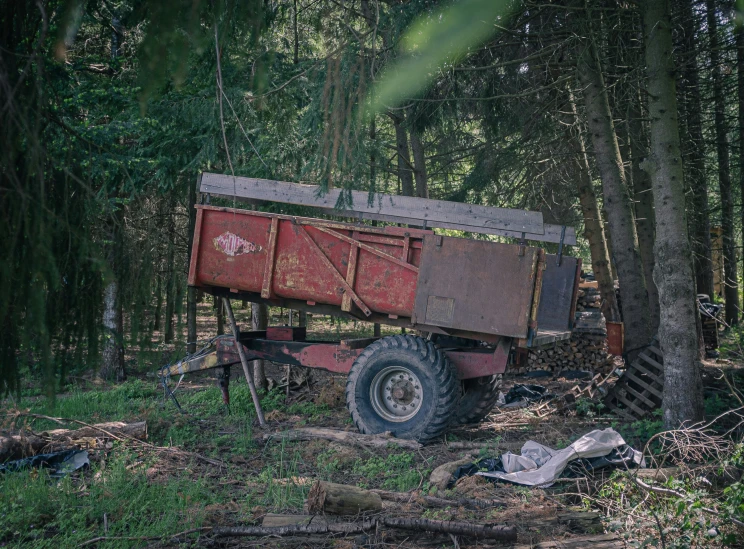 old dump truck sitting in the forest with a fallen over trailer