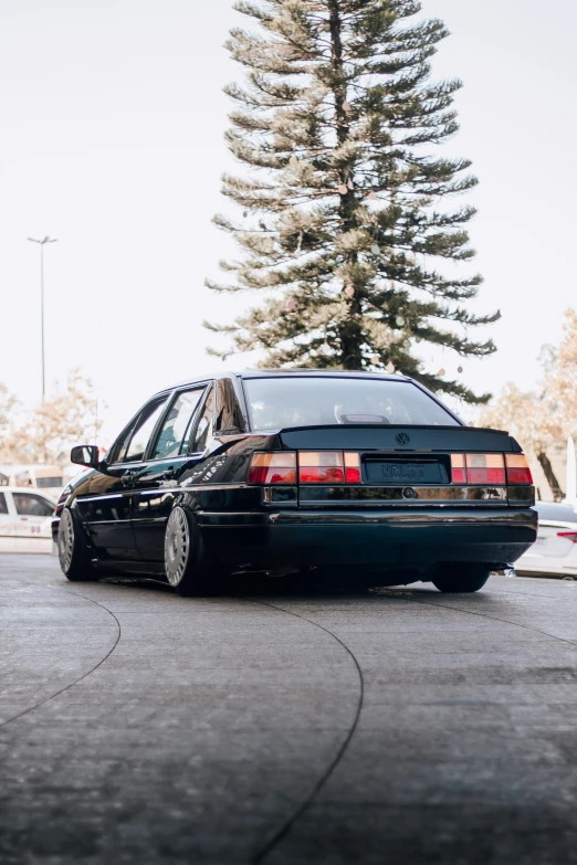 a black car parked next to a tree in a parking lot