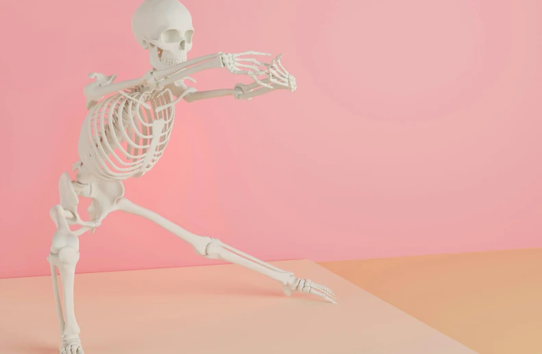 a skeleton that is standing in front of a pink background