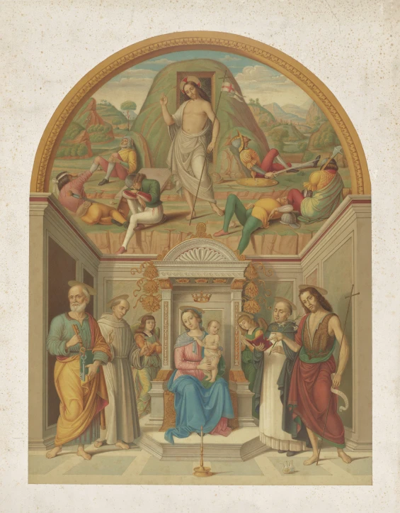 a painting with figures surrounding an arch on the ceiling