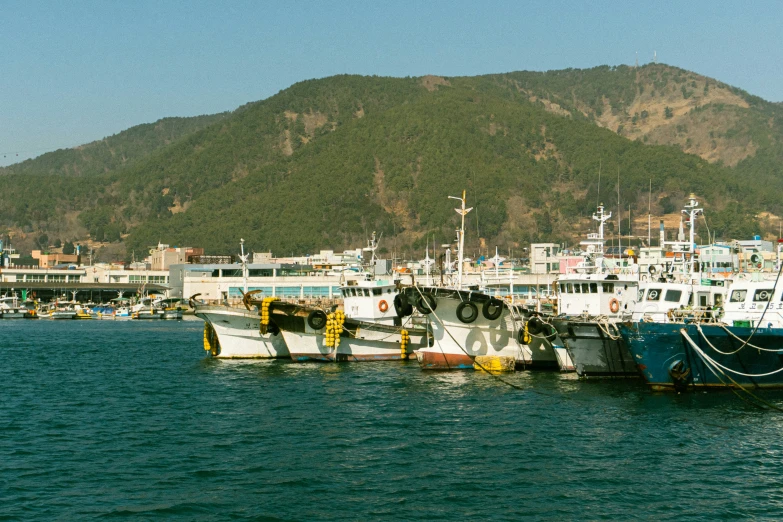 several boats are in a line on the water