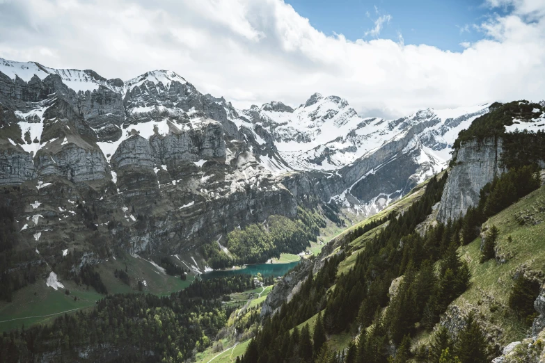 snow covered mountains surrounding some very small lake