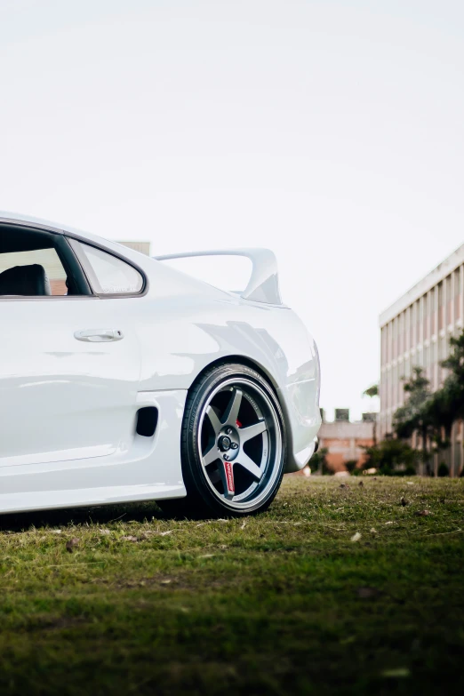 the rear end of a car on some grass