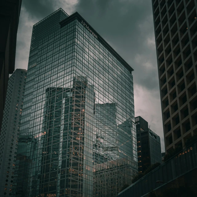 the view from below of buildings at night