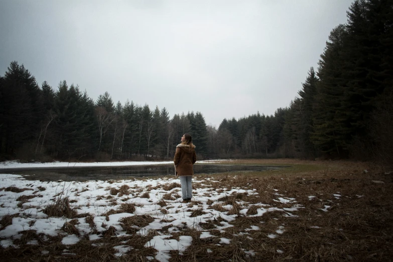 a man is standing in the snow looking at trees