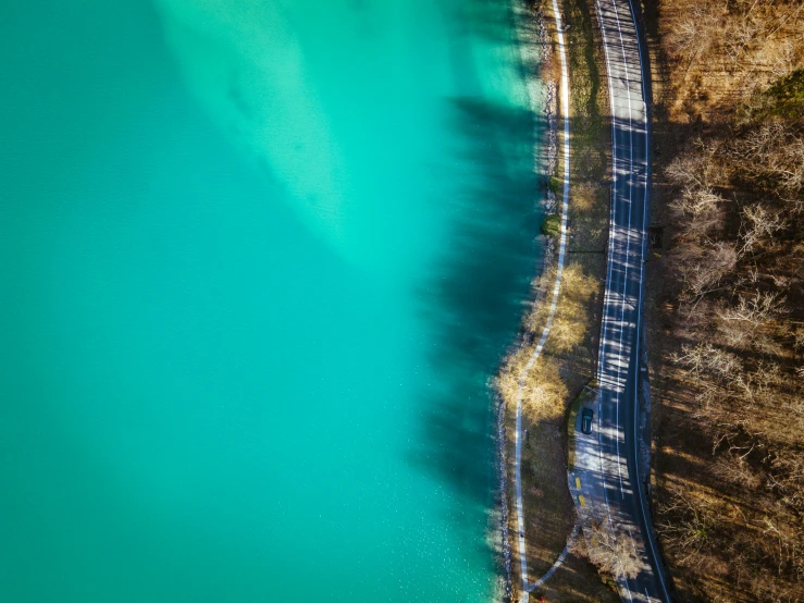 train tracks run parallel next to the green water