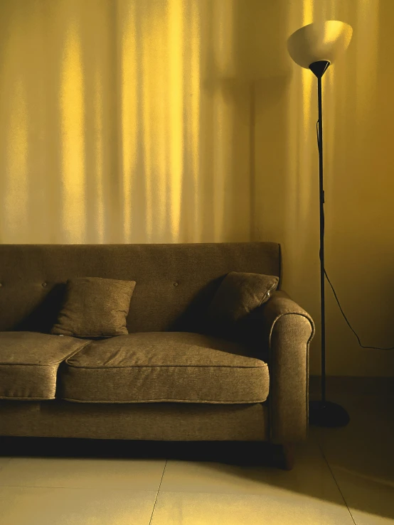 a black and white po with a long couch in front of a floor lamp