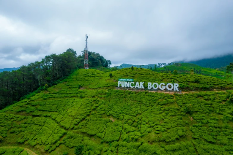 a sign is displayed on the top of a green hill