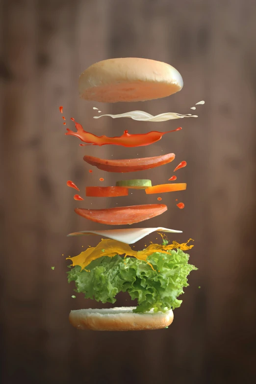 a hamburger falling down into the air