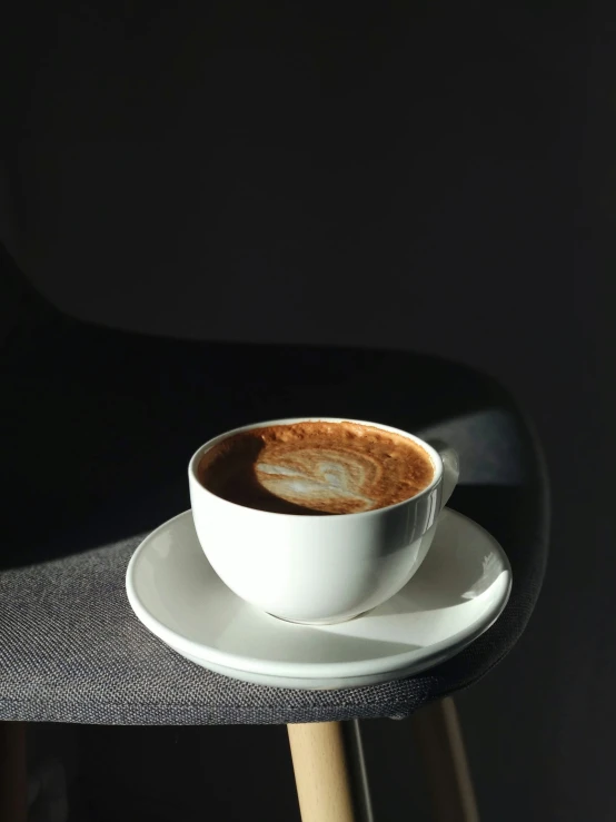 a cup of coffee on a white plate