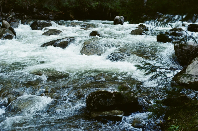 a stream flowing over rocks and boulders through the woods