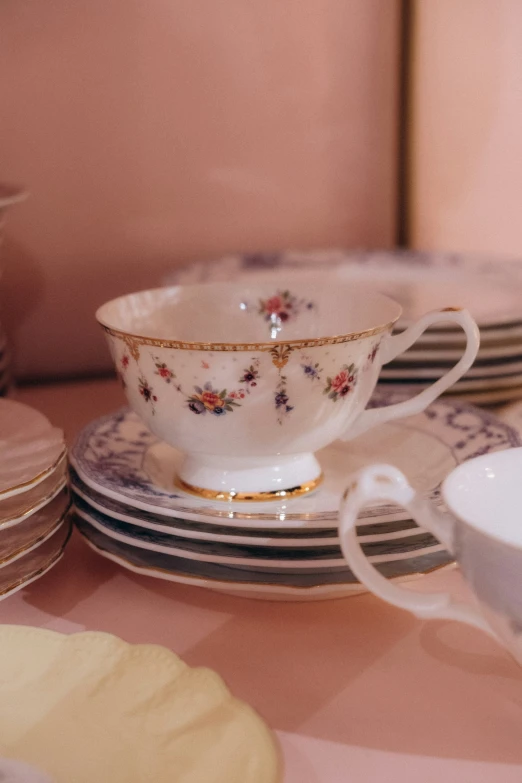 a close - up of a china cup on a saucer