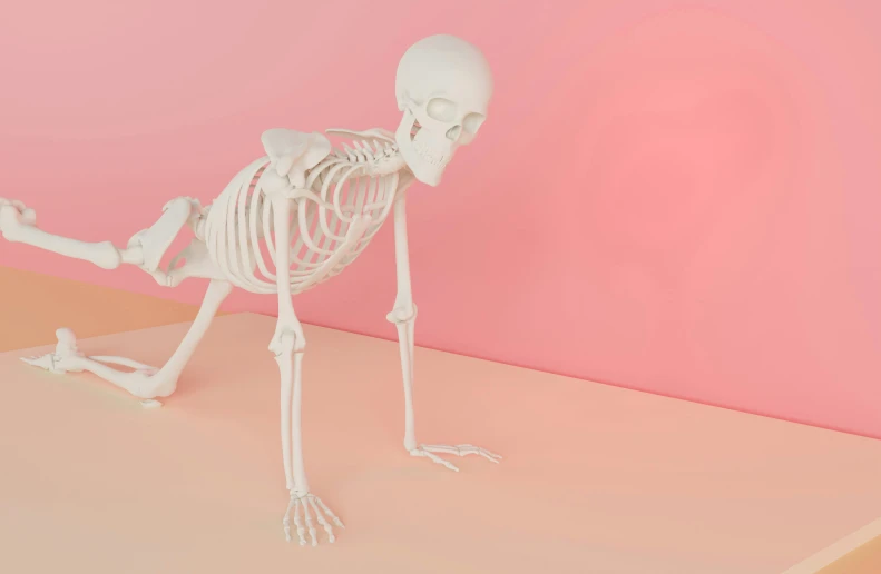 a skeleton stands upright and holds his arm out