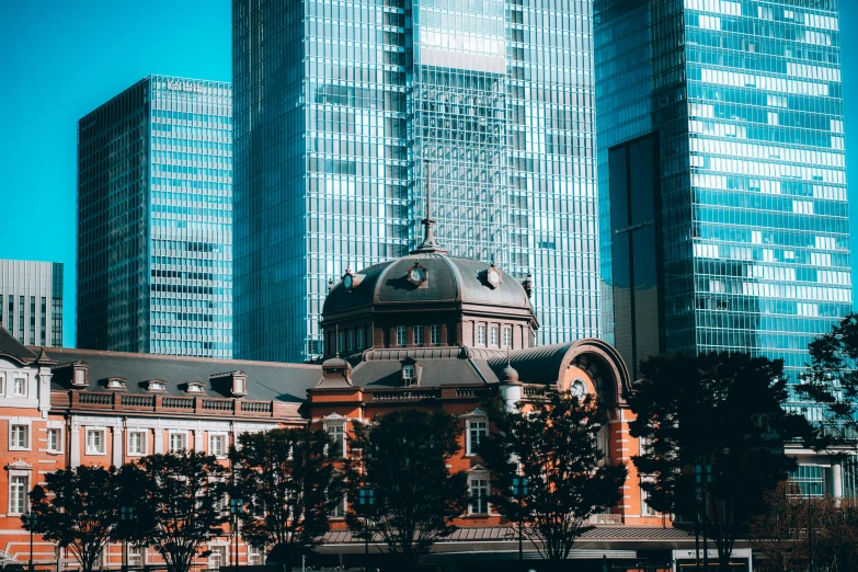 a clock tower in the center of a city