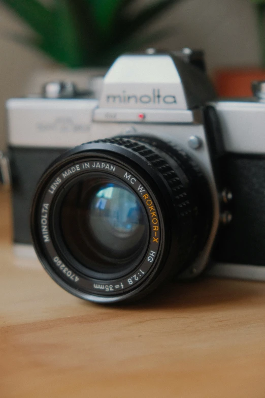 a camera sitting on top of a table next to a plant